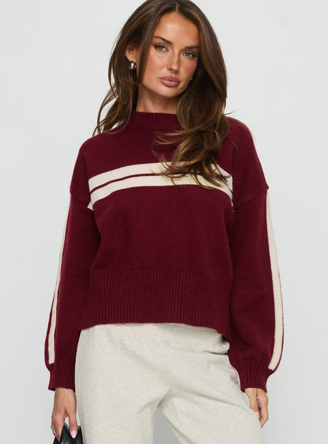 front view of model wearing Princess Polly Catherin Crew Neck Knit Sweater Red / White Cropped Jumpers 