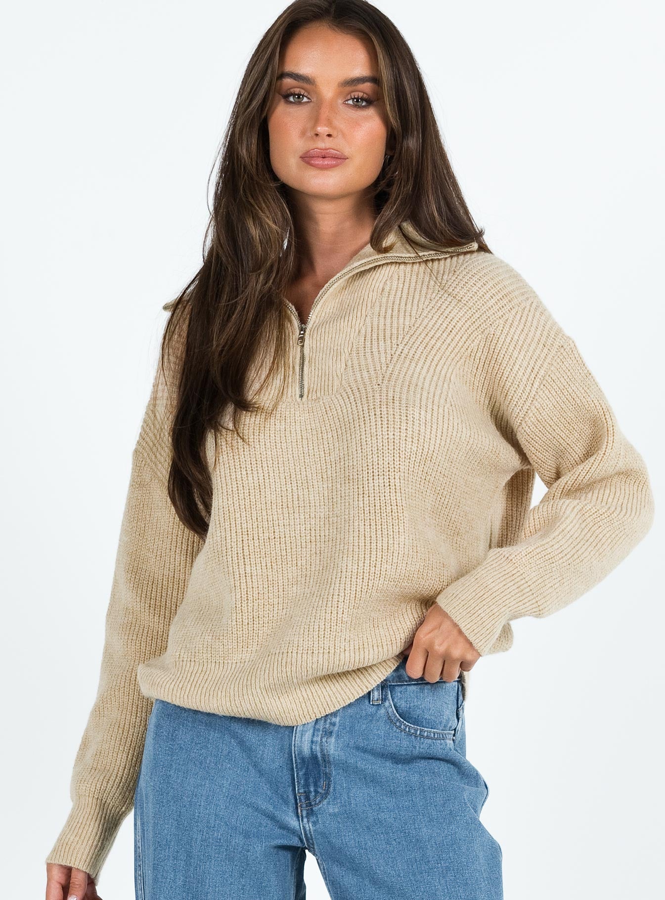 Ferry zip front sweater beige