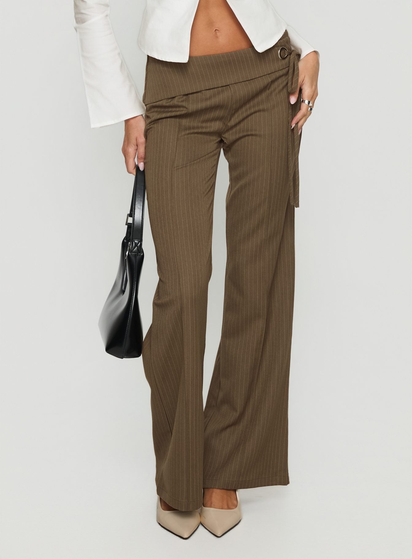 Cedrina Eyelet Fitted Suit Pants Green Pinstripe | Princess Polly