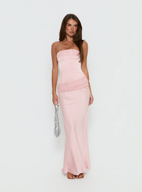 Sura Strapless Lace Detail Maxi Dress Pink