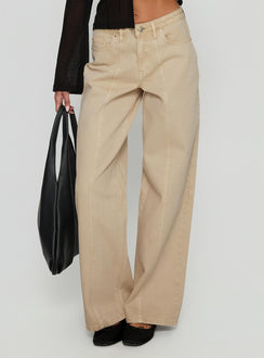 side view of model wearing Princess Polly Lando Low Rise Straight Leg Jeans Tan Mid Rise Jeans 