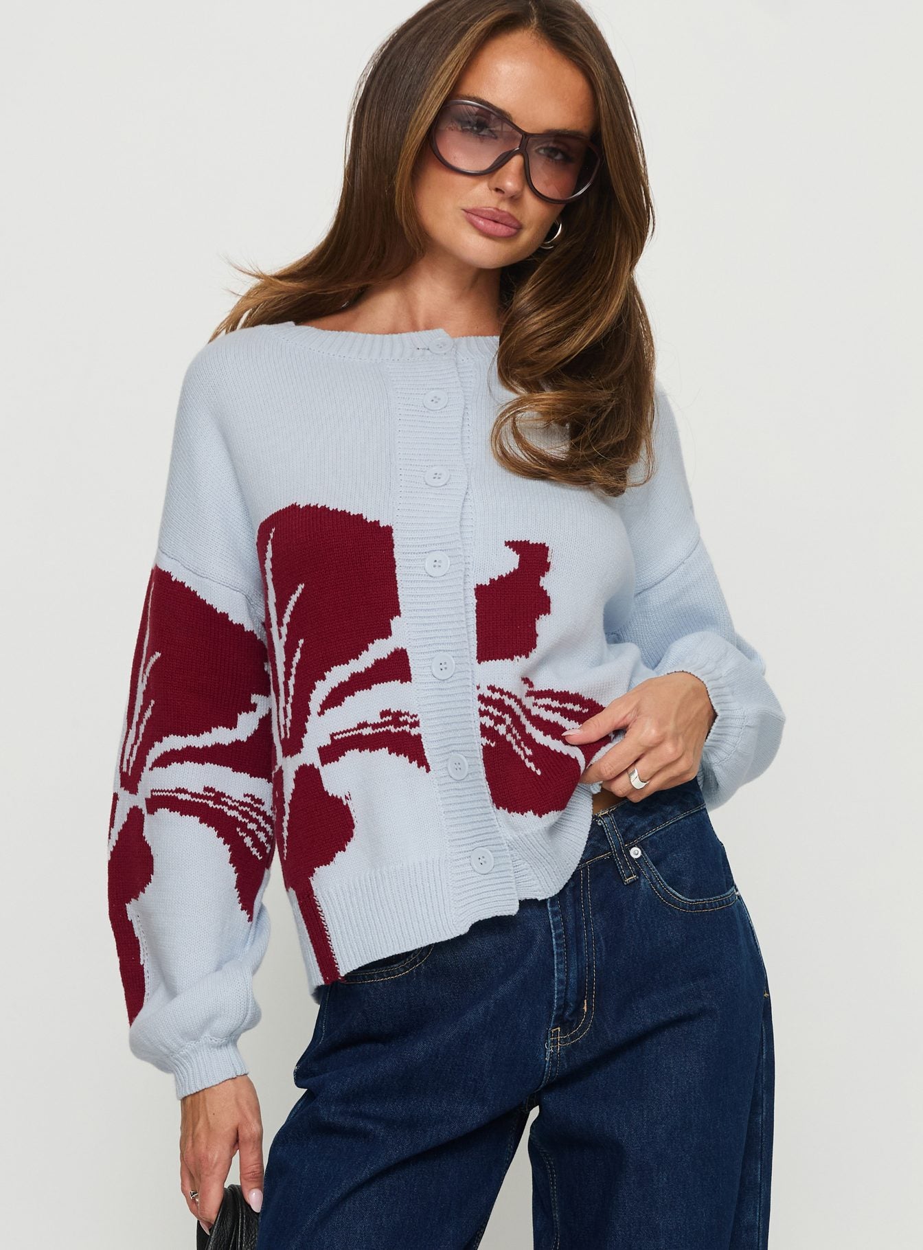 front view of model wearing Princess Polly Jalenn Floral Knit Cardigan Blue / Red Cropped Jumpers 