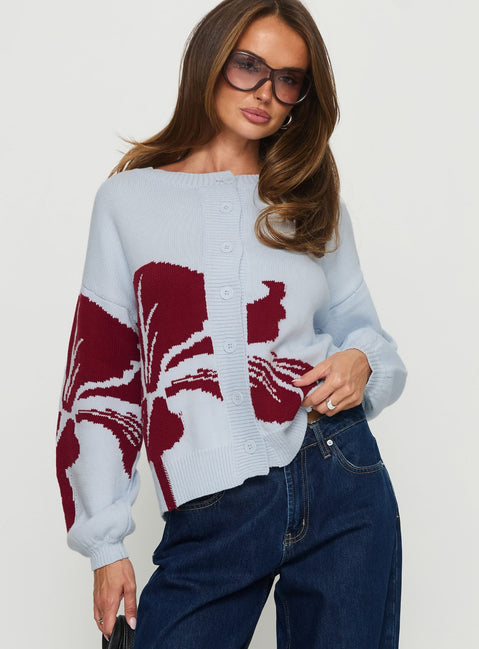 front view of model wearing Princess Polly Jalenn Floral Knit Cardigan Blue / Red Cropped Jumpers 