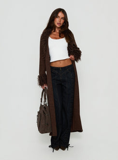 Marriah Longline Faux Fur Trim Cardigan Chocolate