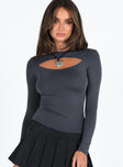 Long sleeve top Cut out at bust Good stretch Unlined 