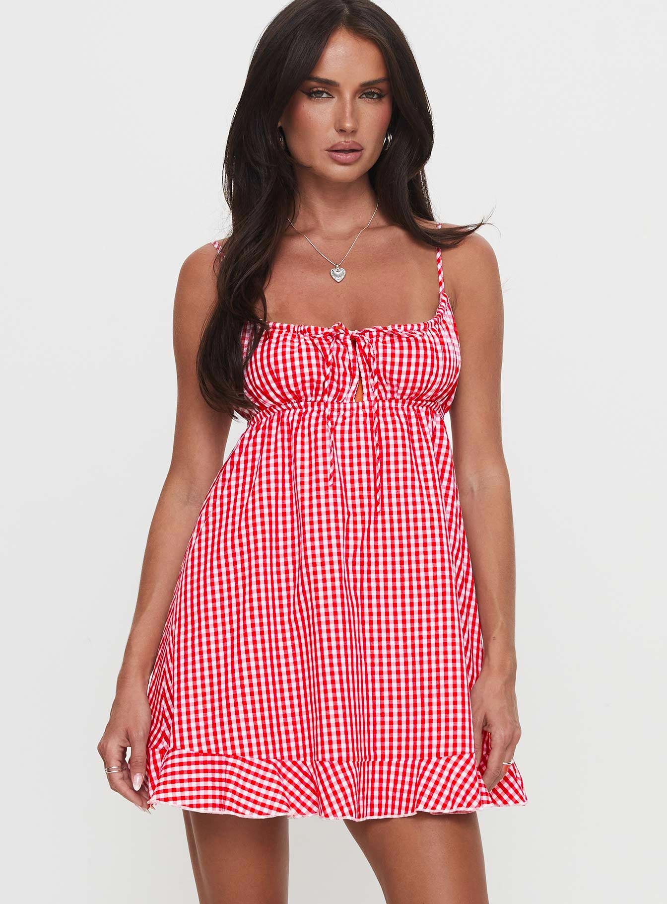 front view of model wearing Princess Polly Empress Of Love Mini Dress Red Gingham Square Neck 