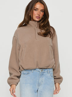 front view of model wearing Princess Polly Icy Days Fleece Quarter Zip Jumper Light Brown Cropped Jumpers 