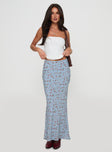   side view of model wearing Princess Polly Rotelle Maxi Skirt Blue Floral Maxi 