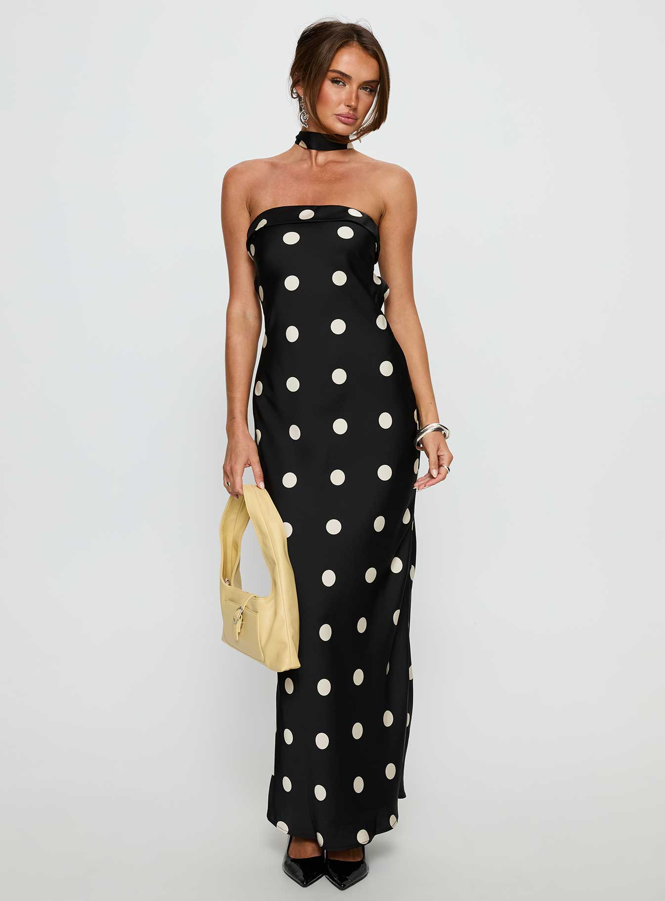 Madilaine Strapless Scarf Maxi Dress Black / Polka Dot | Princess Polly Madilaine Strapless Scarf Maxi Dress Black / Polka Dot | Princess Polly