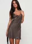 front view of model wearing Princess Polly Linger Bias Cut Dress Brown Petite Scoop Neck 