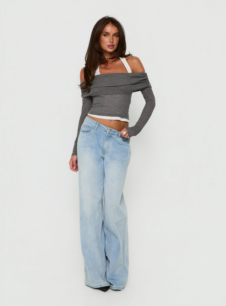 Ophellia Off Shoulder Layered Top Grey / White | Princess Polly