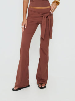 front view of model wearing Princess Polly Daily Define Tie Waist Pants Brown Low Rise Pants 