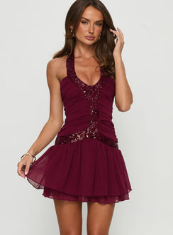Aisleigh Sequin Halter Mini Dress Berry