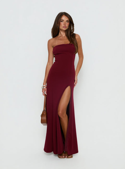 Diamanti Strapless High Slit Maxi Dress | Burgundy | Womens | Princess Polly Diamanti Strapless High Slit Maxi Dress | Burgundy | Womens | Princess Polly