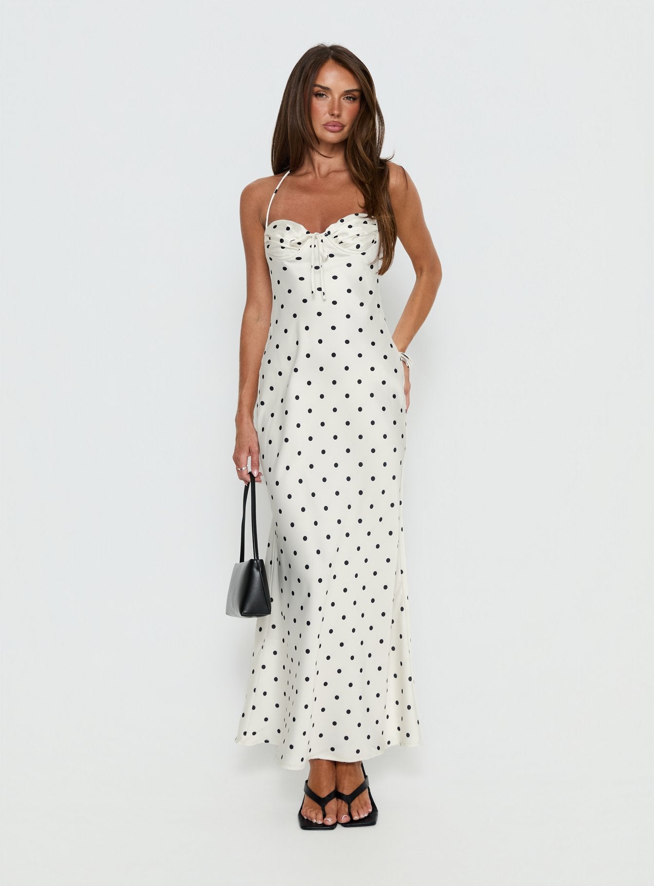 Costella Halter Satin Maxi Dress Cream Polka Dot