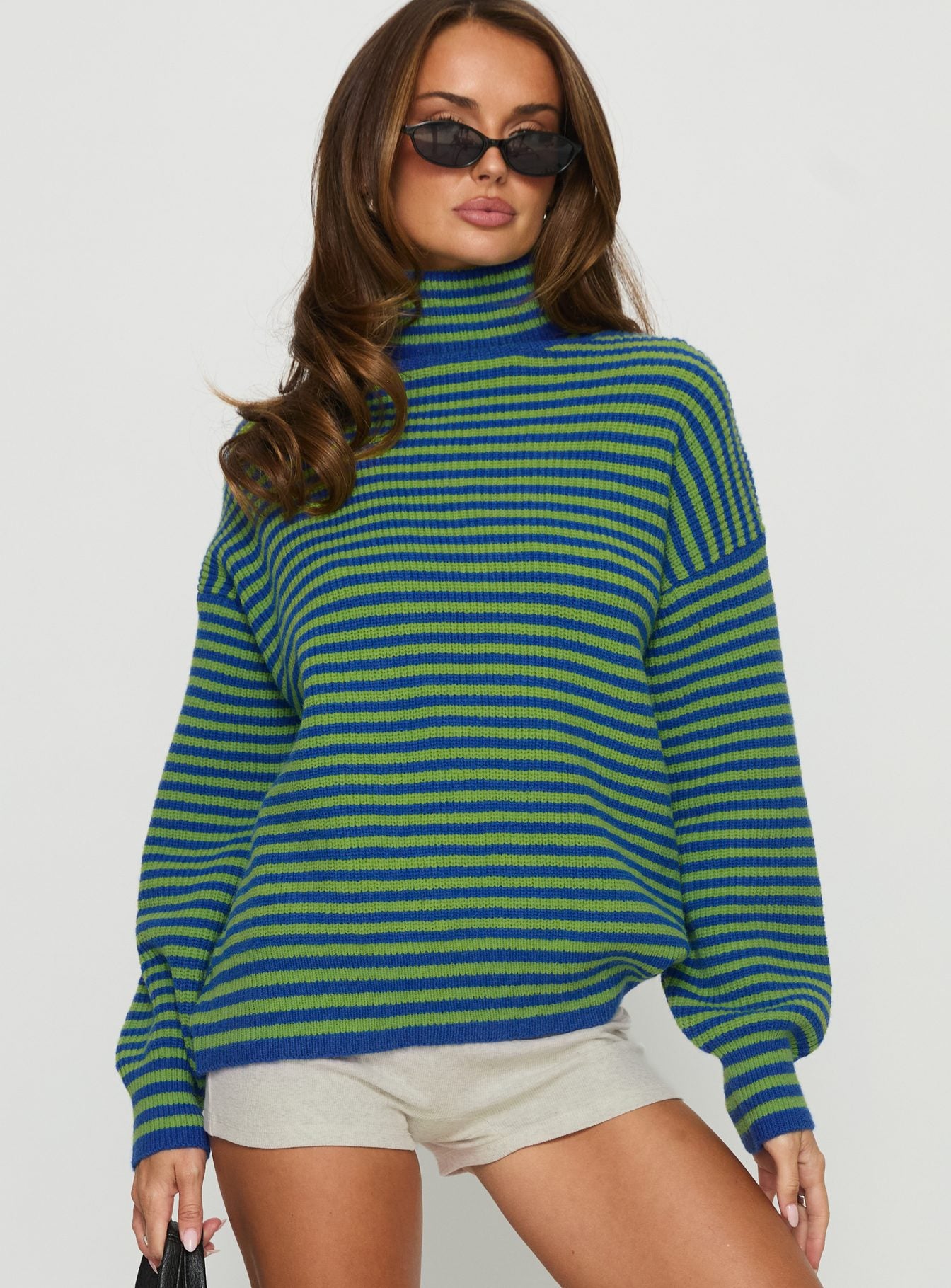 Lancelot Turtle Neck Oversized Jumper Green Stripe | Princess Polly