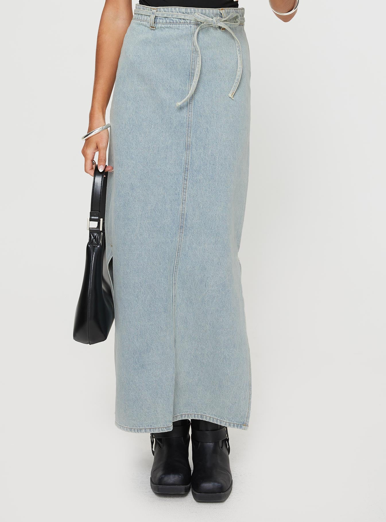 Brandee tie front denim maxi skirt light wash