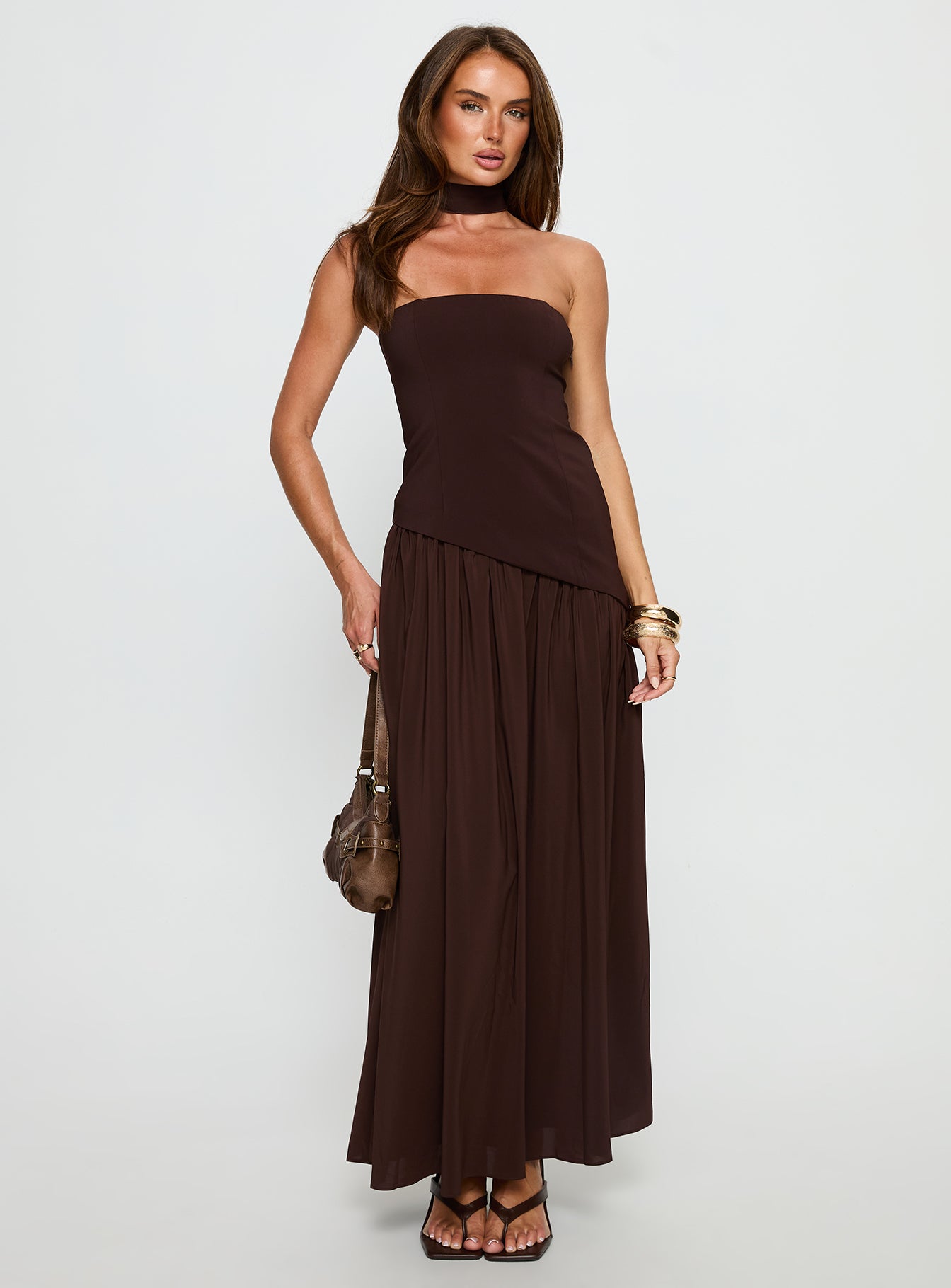 Odela Strapless Drop Waist Maxi Dress Chocolate