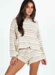 Matching set Knit material Striped design Long sleeve top Wide neckline Drop shoulder Lettuce edge hem Shorts High rise Elasticated waistband with tie fastening Good stretch Unlined 