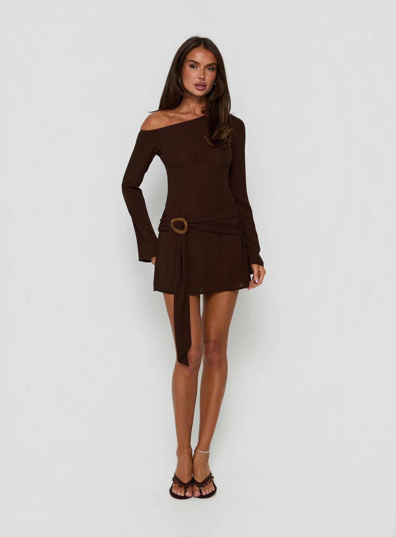 Still Spinning One Shoulder Belted Mini Dress | Brown | Womens