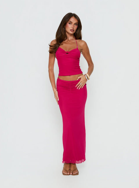   front view of model wearing Princess Polly Jailon Ruched Maxi Skirt Guava Maxi Skirts Skirts 