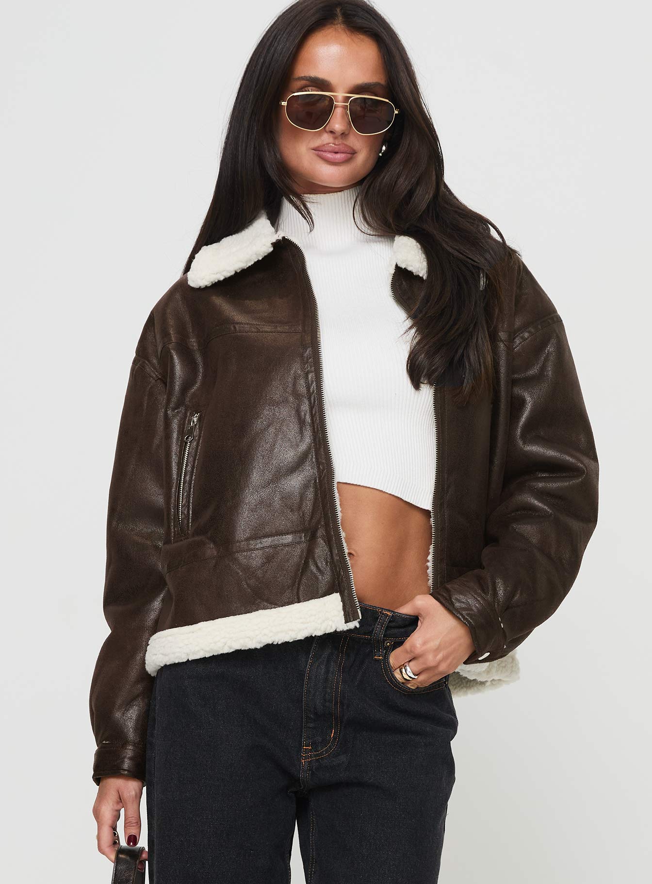 Solara Faux Leather Shearling Jacket Chocolate | Princess Polly