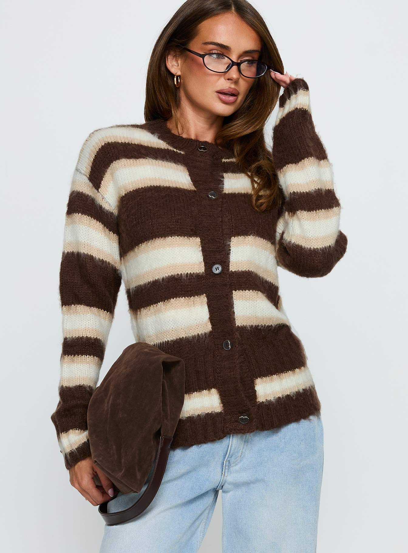 front view of model wearing Princess Polly Cultivated Fluffy Knit Cardigan Brown Stripe Long 