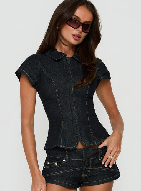 Raminna Zip Front Collared Top Raw Denim