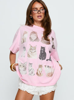 Feline Companions Oversized Graphic Tee Pink