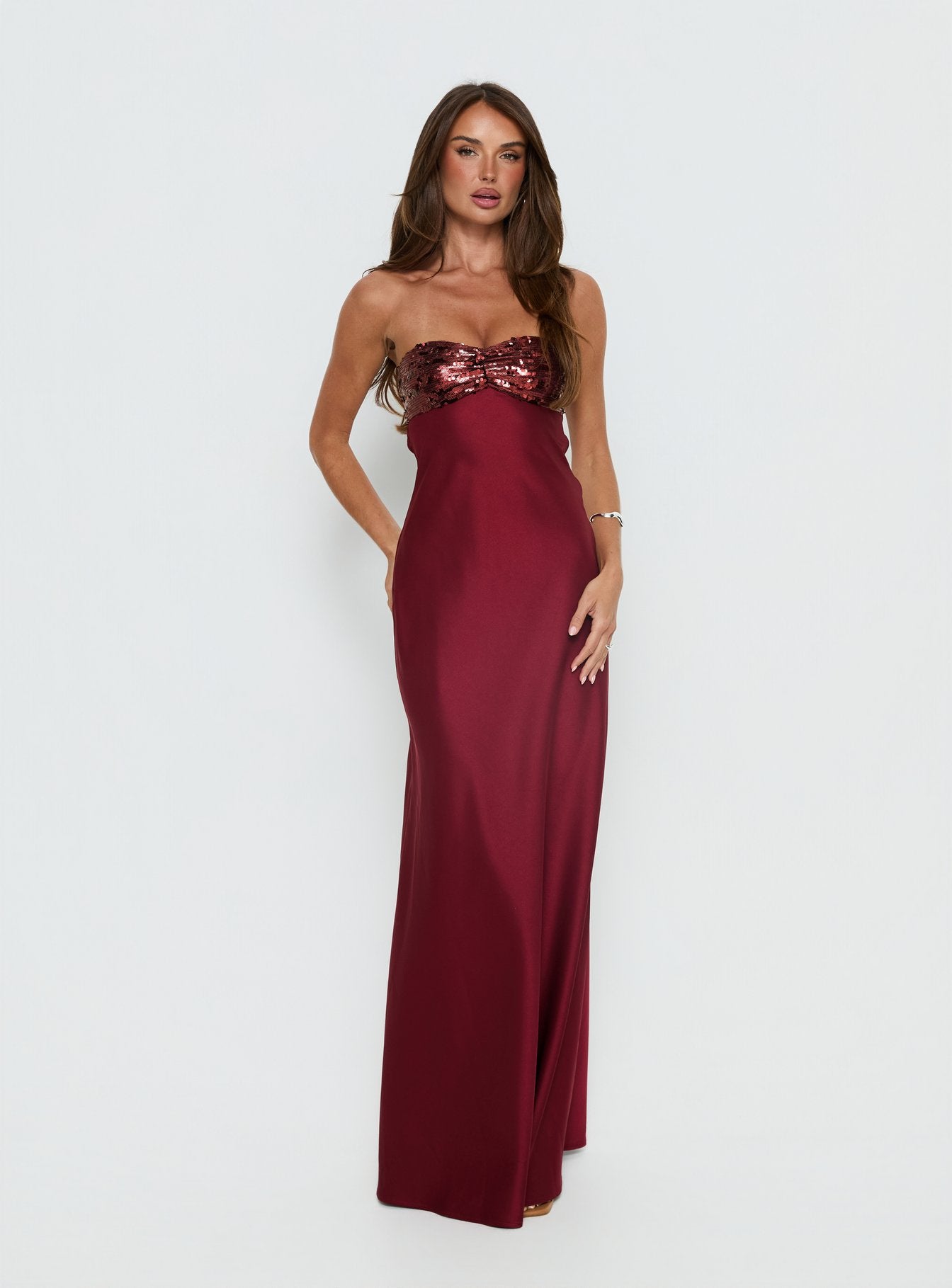 See The Vision Sequin Bust Strapless Maxi Dress | Burgundy | Womens | Princess Polly See The Vision Sequin Bust Strapless Maxi Dress | Burgundy | Womens | Princess Polly