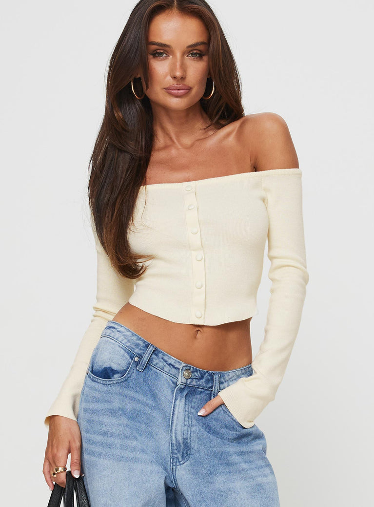 Knit long-sleeve top Off-the-shoulder, crop style, faux button detail down front 