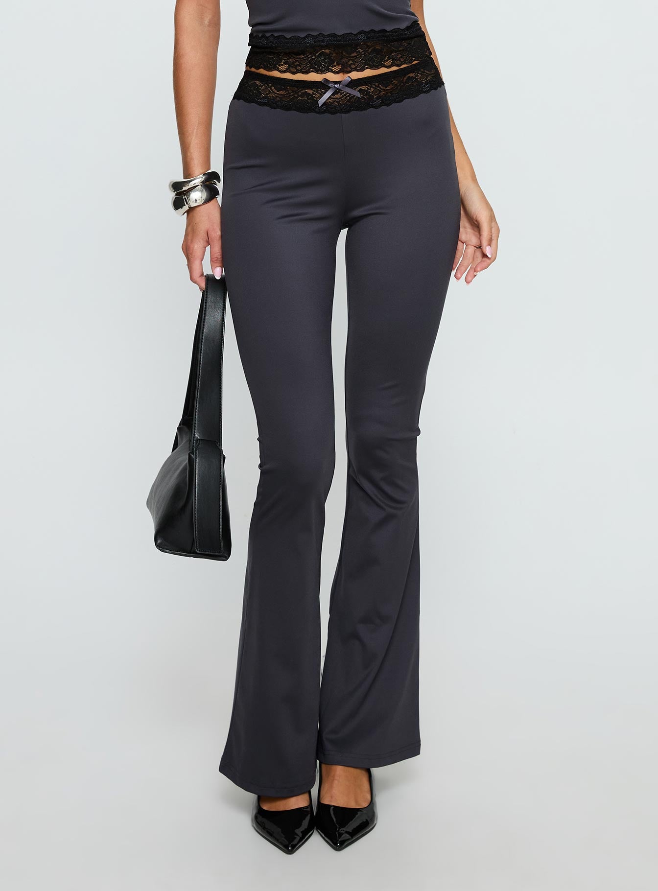 Georganna Lace Trim Flare Pant Charcoal | Princess Polly