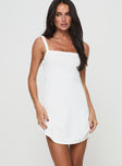 front view of model wearing Princess Polly De Santis Mini Dress Cream Square Neck 