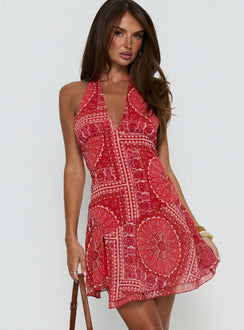 Alvira Halter Mini Dress Red Paisley