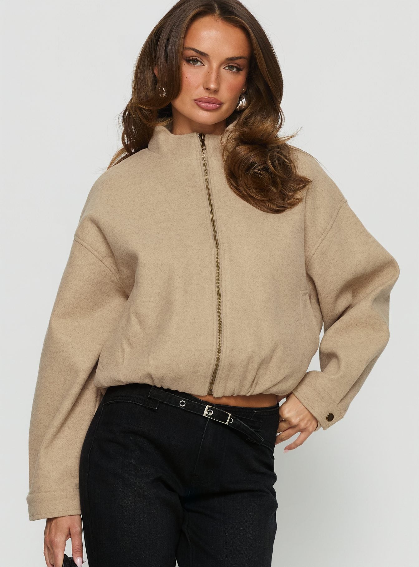 Chayden Cropped Bomber Jacket Beige | Princess Polly