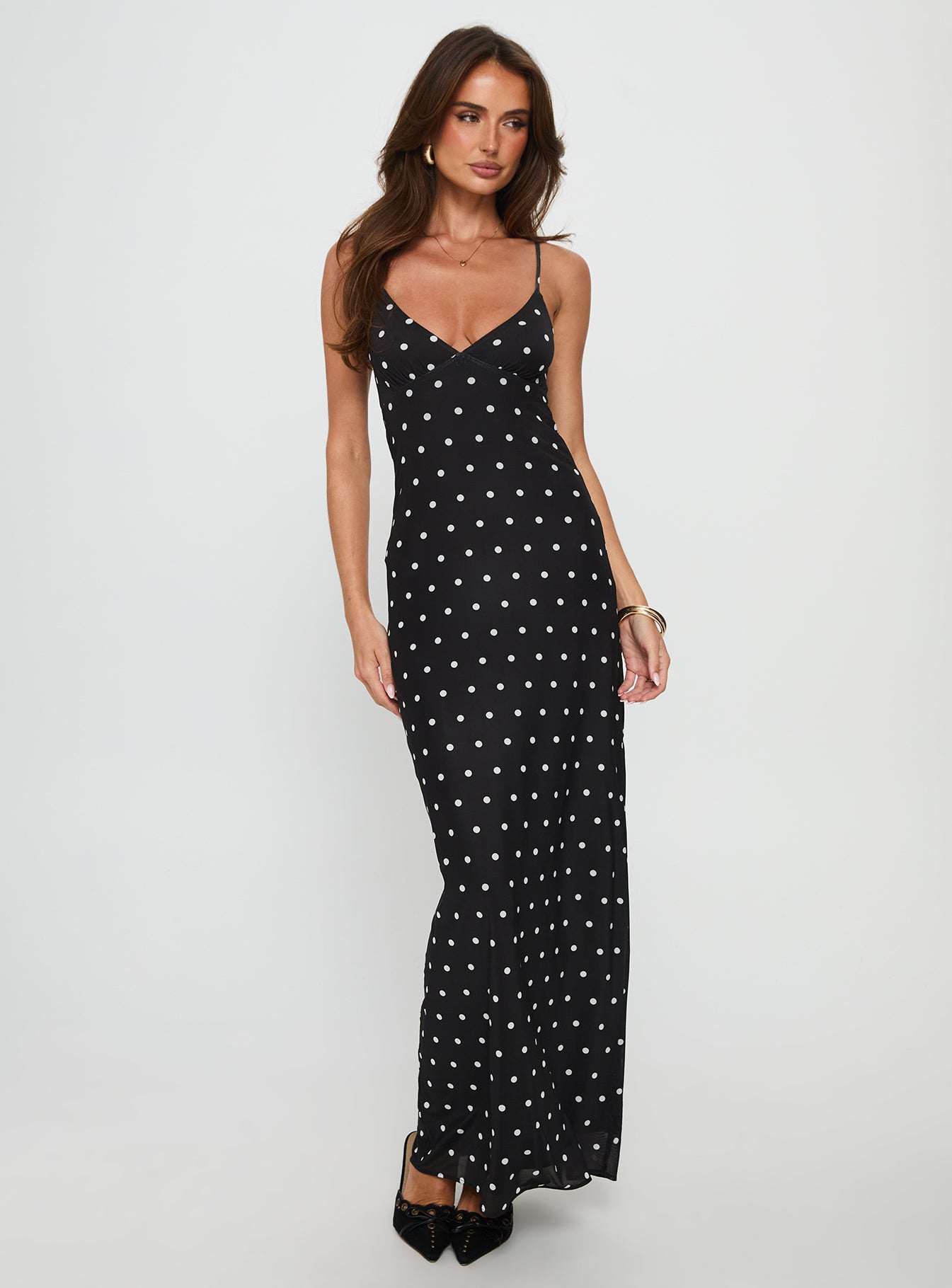 Glass Half Full Mesh Maxi Dress | Black Polka | Womens | Princess Polly Lower Impact Glass Half Full Mesh Maxi Dress | Black Polka | Womens | Princess Polly Lower Impact