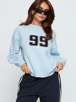 front view of model wearing Princess Polly Ranee Graphic Knit Sweater Blue 