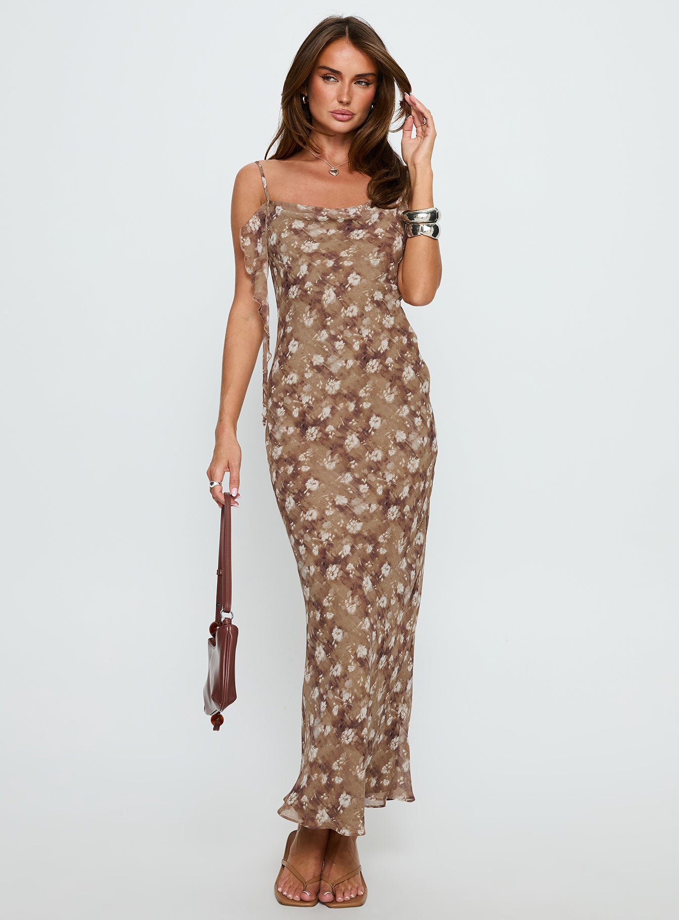Silah Cowl Neck Maxi Dress | Brown Floral | Womens | Princess Polly Lower Impact Silah Cowl Neck Maxi Dress | Brown Floral | Womens | Princess Polly Lower Impact