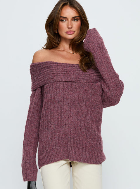 front view of model wearing Princess Polly Snowie Off Shoulder Knit Sweater Burgundy Long 