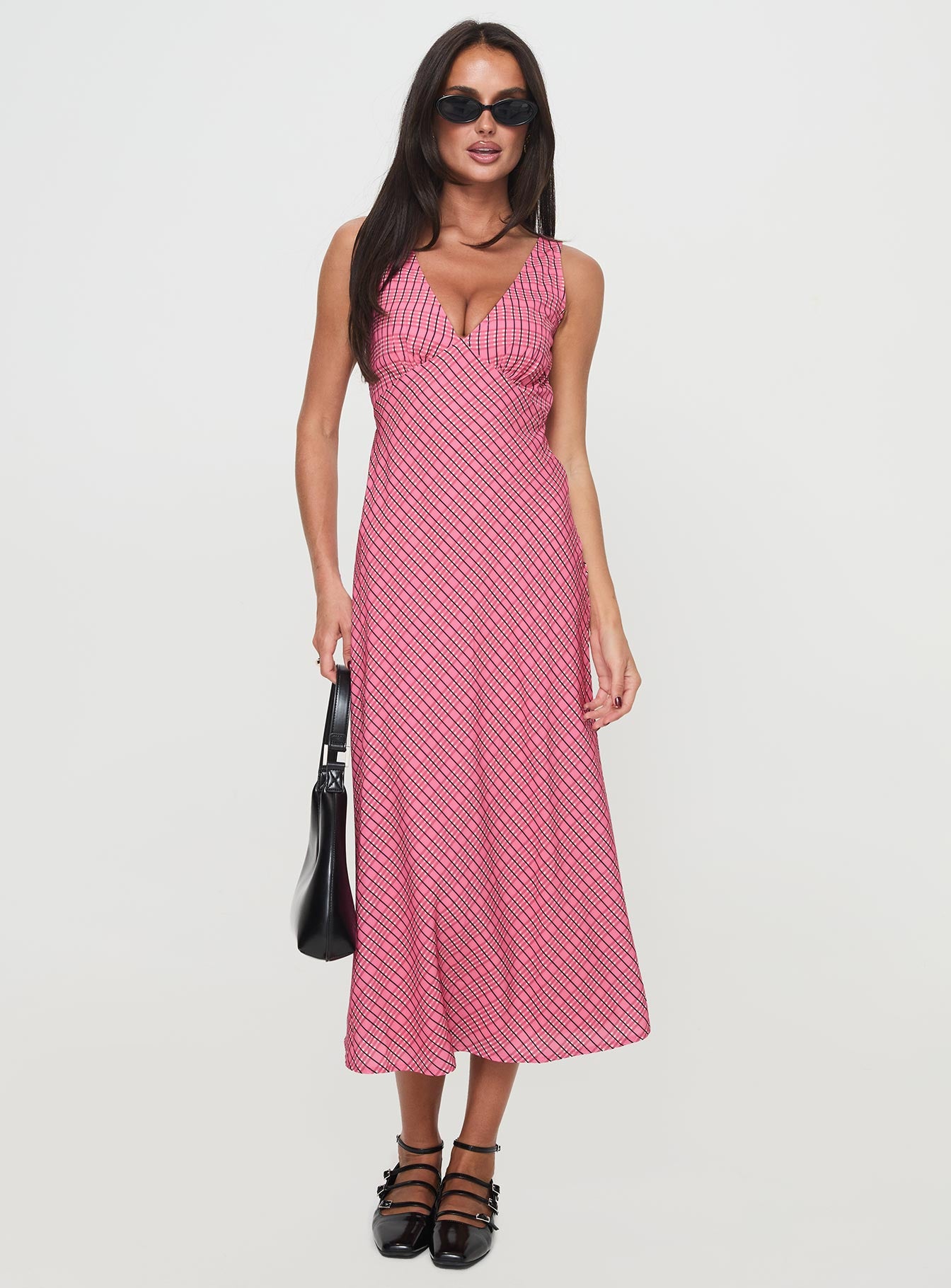 front view of model wearing Princess Polly Nellie Midi Dress Pink Check Plunger 