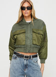 Cropped utility jacket Bomber style, nylon material, button and zip fastening at front, twin chest pockets, ribbed waistband