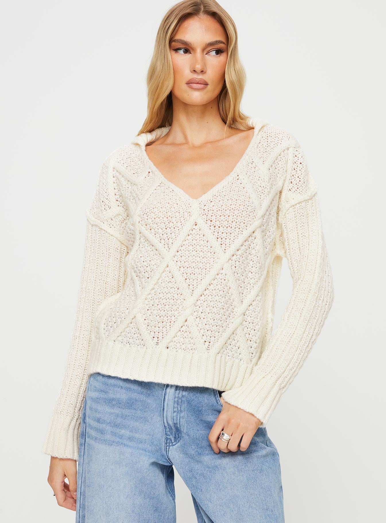 Zosia Diamond Cable Knit Sweater Cream