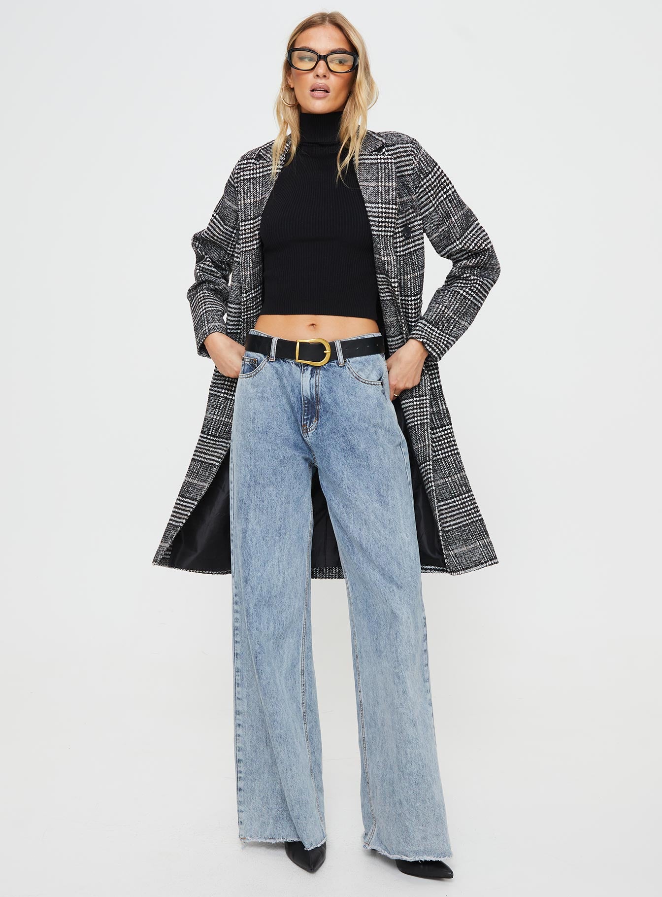 Newman plaid longline coat black