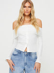 Off-the-shoulder knit top Long sleeves with split at hem, folded neckline, elasticated neckline, button fastening at front  Good stretch, unlined 