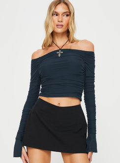 Front view of model wearing  front Princess Polly Full Sleeves High Neck  Moreno Off The Shoulder Top Navy