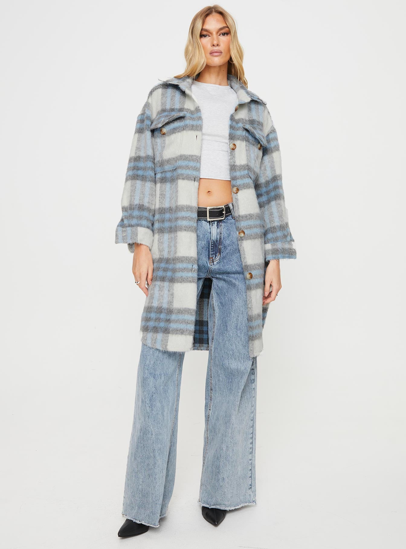 Salonge longline plaid shacket blue check