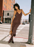 back view of model wearing Princess Polly Laurette Maxi Dress Brown Petite V-Neck 