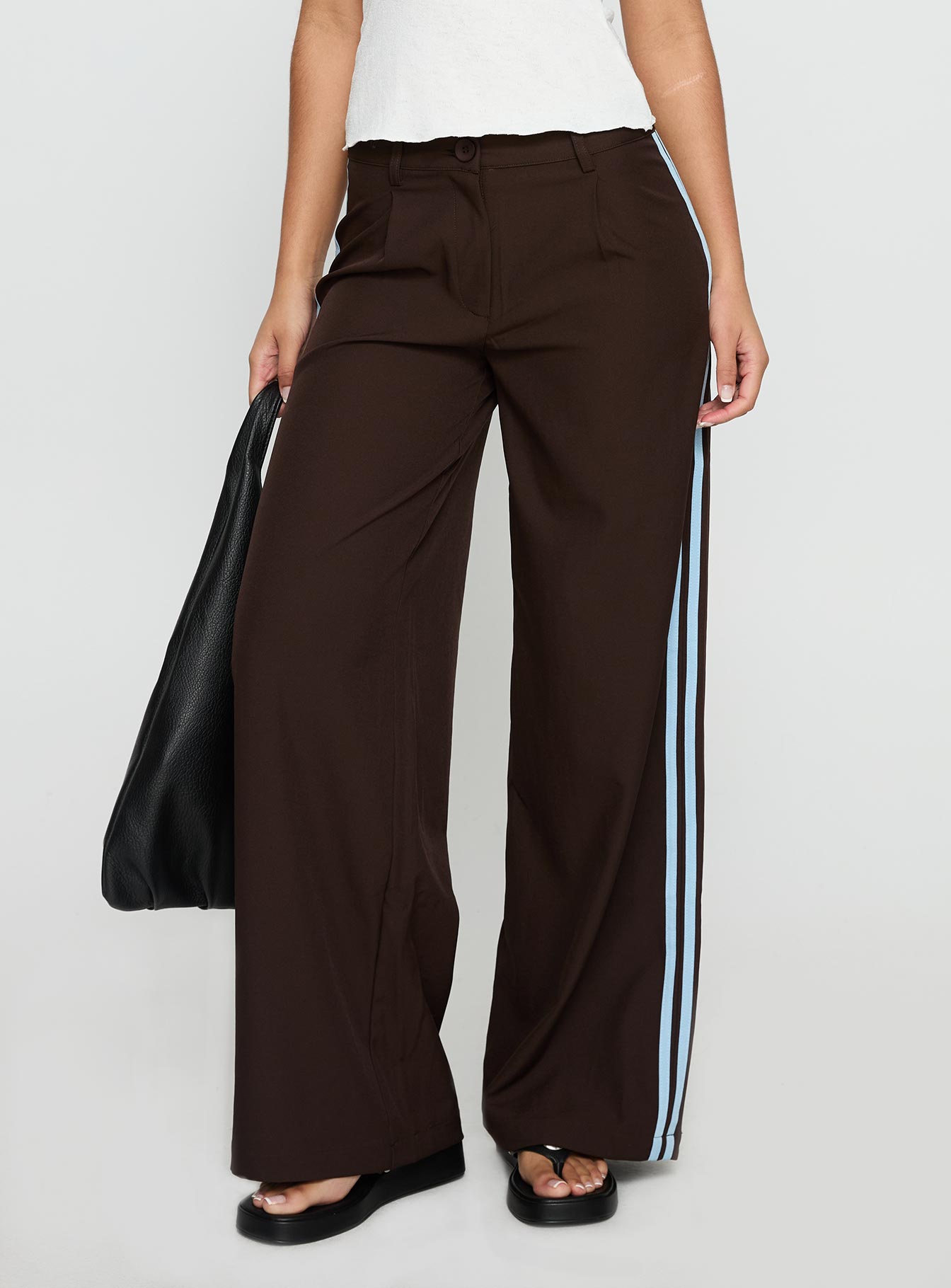 front view of model wearing Princess Polly Wendi Tipping Suit Pant Brown / Blue Mid Rise Pants 