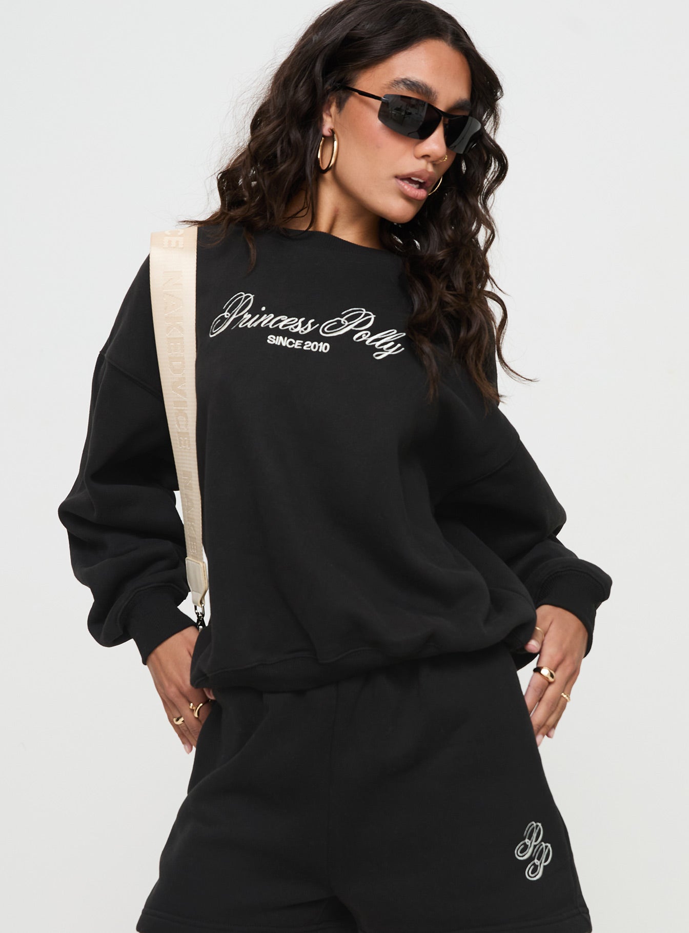 Princess polly crew neck sweatshirt cursive text black sand