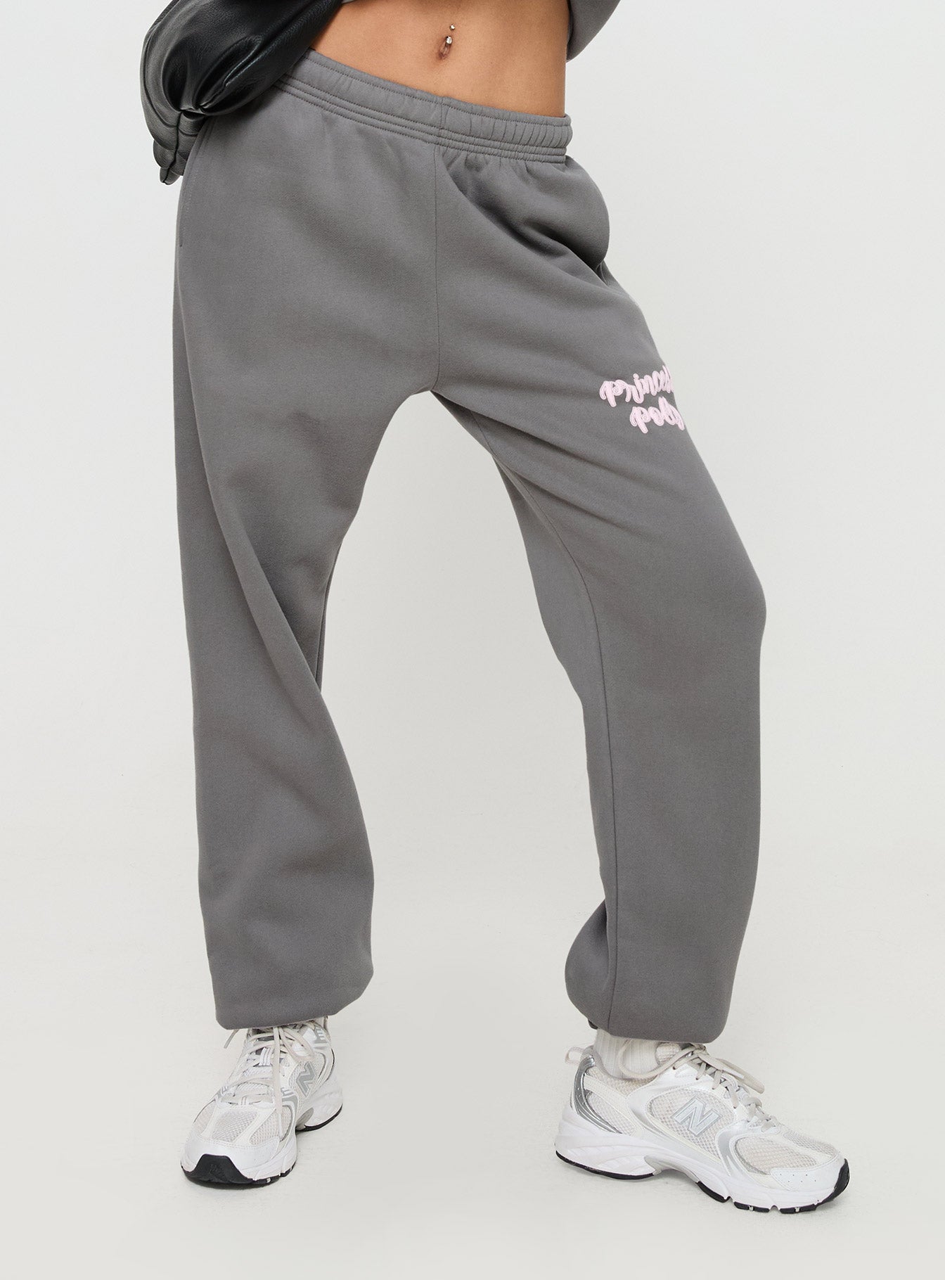 Princess polly track pants puff text charcoal